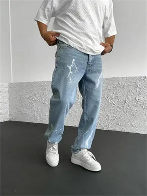 Men's blue straight-leg loose fit cotton denim jeans with mid waist design