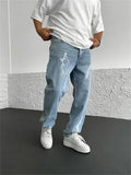 Men's blue straight-leg loose fit cotton denim jeans with mid waist design