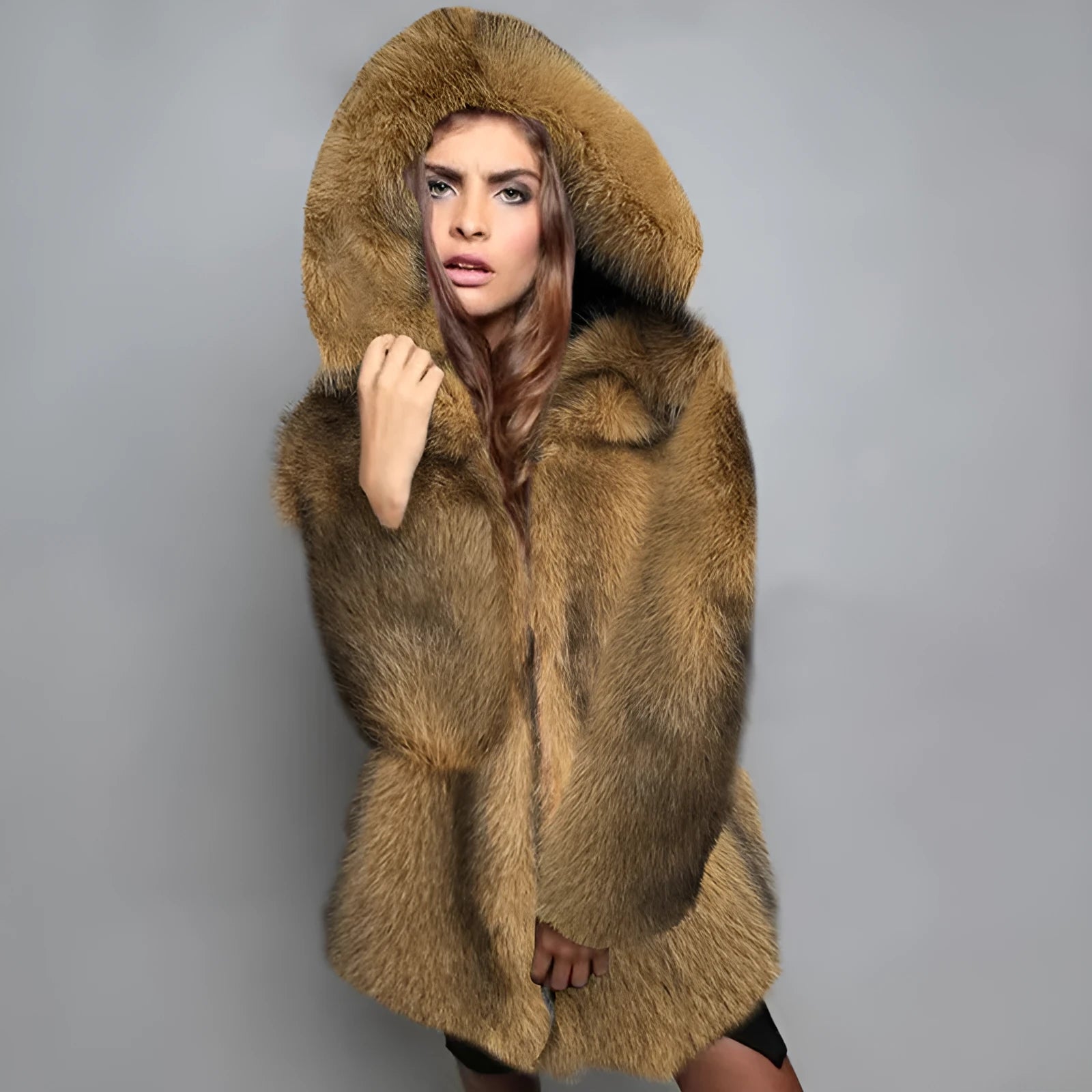 Silver grey women's mid-length artificial fur coat with loose fit and regular sleeves.
