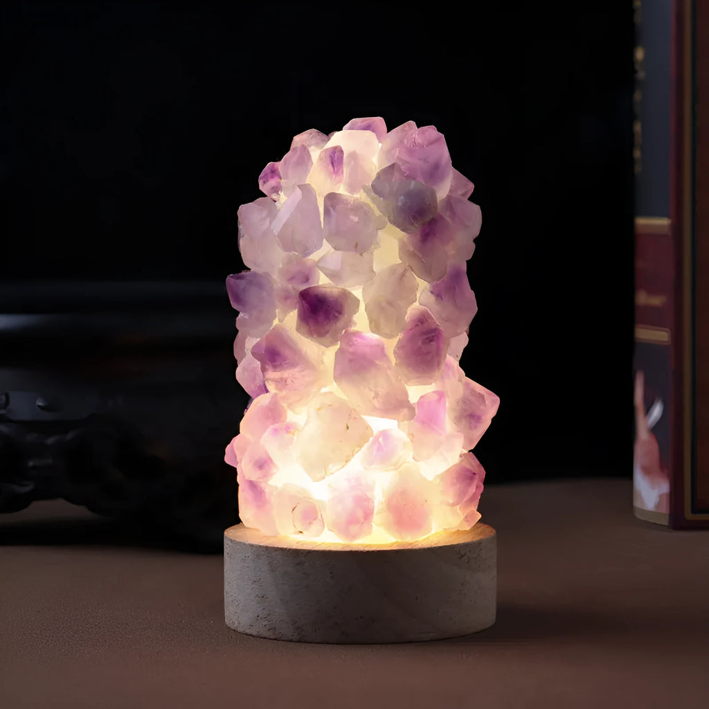 Natural amethyst vug crystal tooth flower mini night light USB plug-in cold warm light options on table
