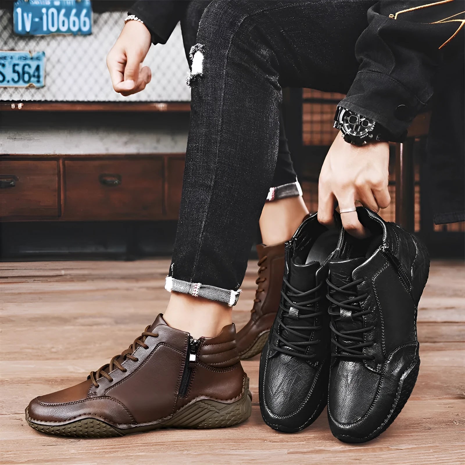 Martin boots in black genuine cowhide leather with fleece lining, mid heel, round toe, and rubber sole