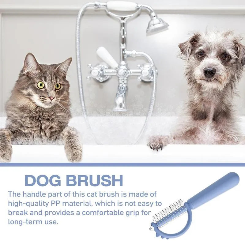 Blue dinosaur-shaped self-cleaning cat grooming brush with double-sided stainless steel pins