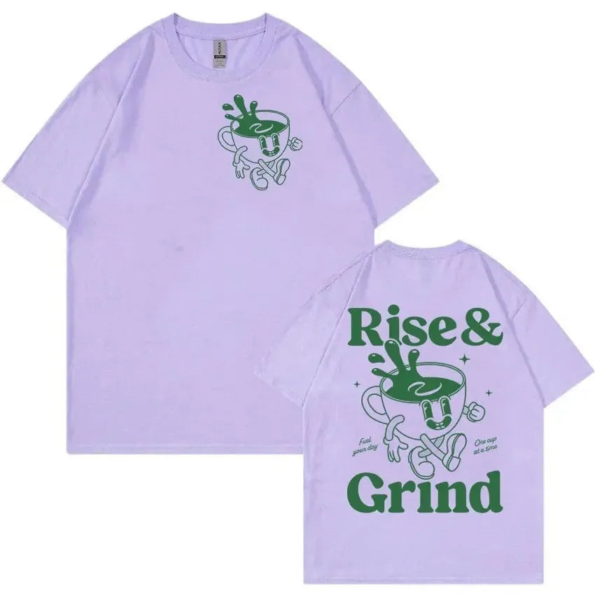 Men's loose fit linen blend t-shirt with Rise And Grind green coffee cartoon print design