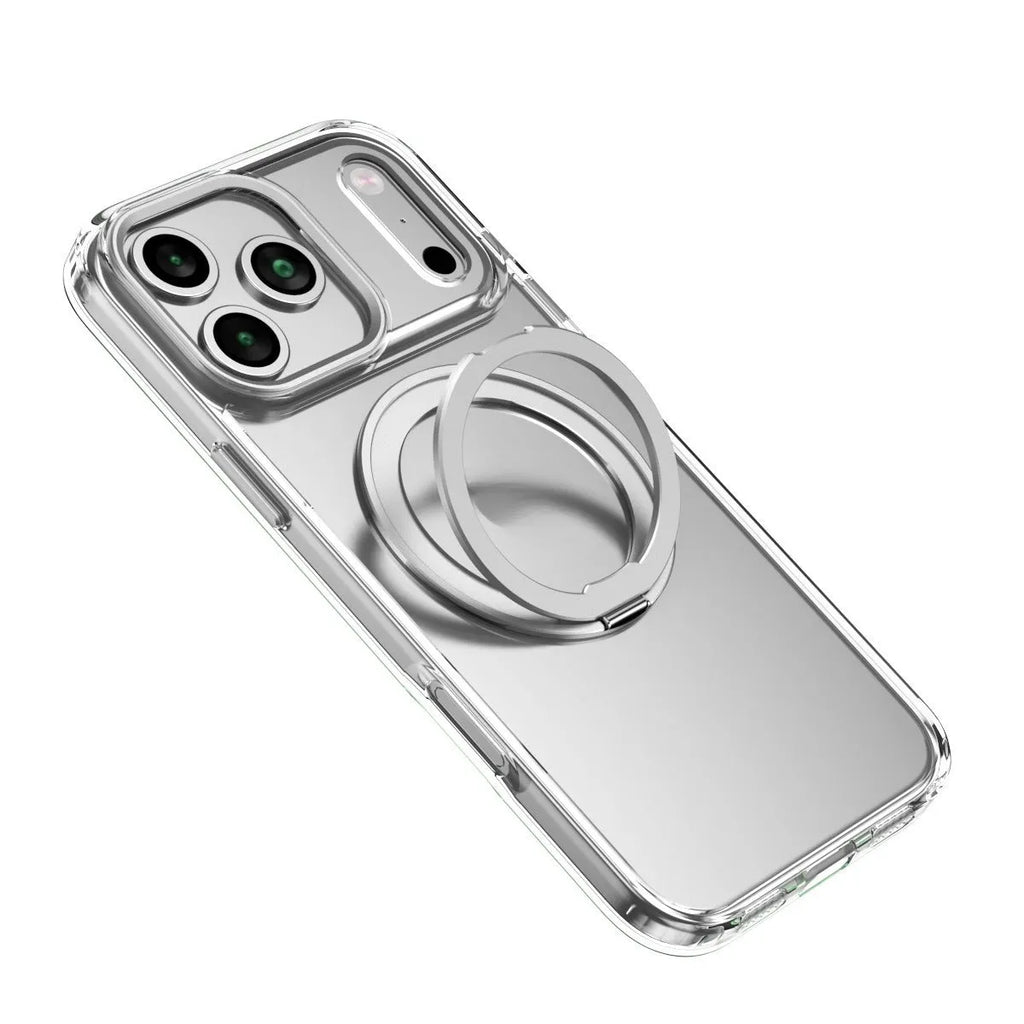 360 rotating bracket magnetic phone case for iPhone 17 Pro Max in black, with bracket extended for hands-free viewing