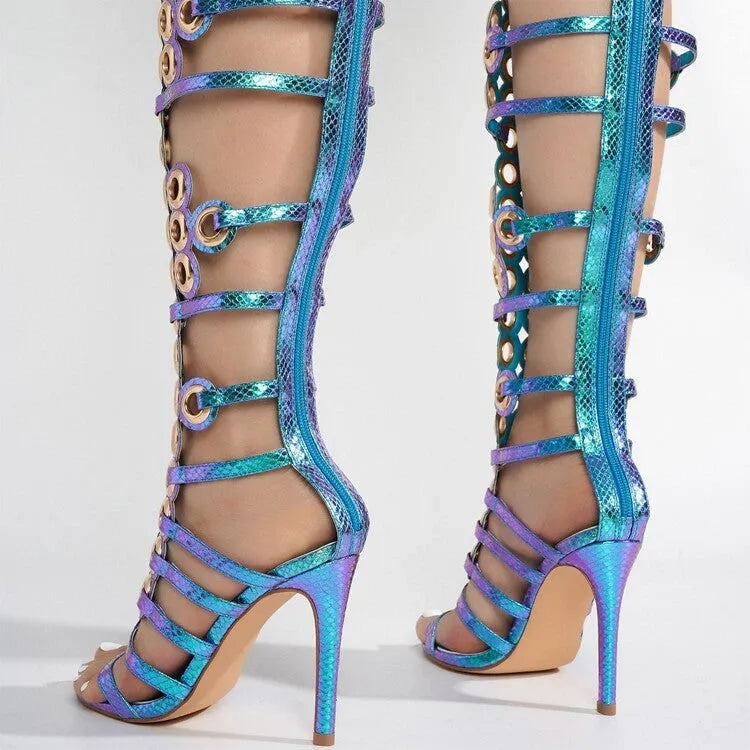 European metal fish-eye hollow stiletto heel open toe sandals in black with back zipper and round toe