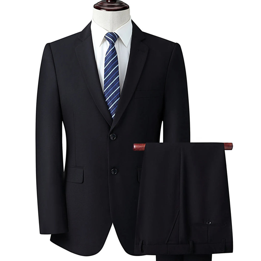 Men's slim fit business suit in black, coat and pants set, formal wear with adhesive interlining construction