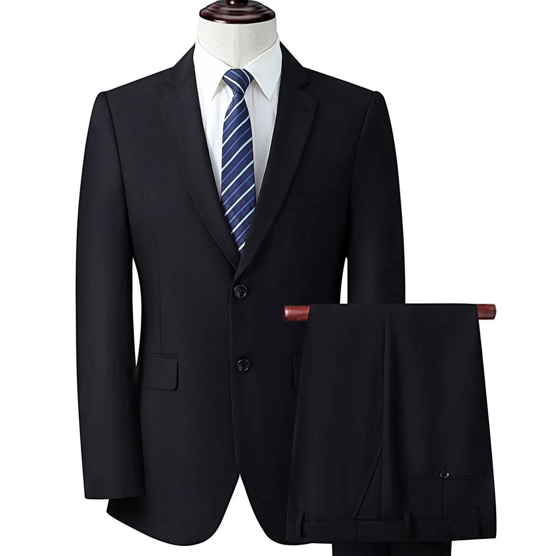 Men's slim fit business suit in black, coat and pants set, formal wear with adhesive interlining construction