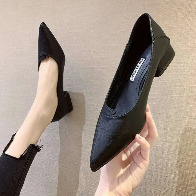 Apricot women's pointed toe chunky heel work shoes with 5cm heel on a white background