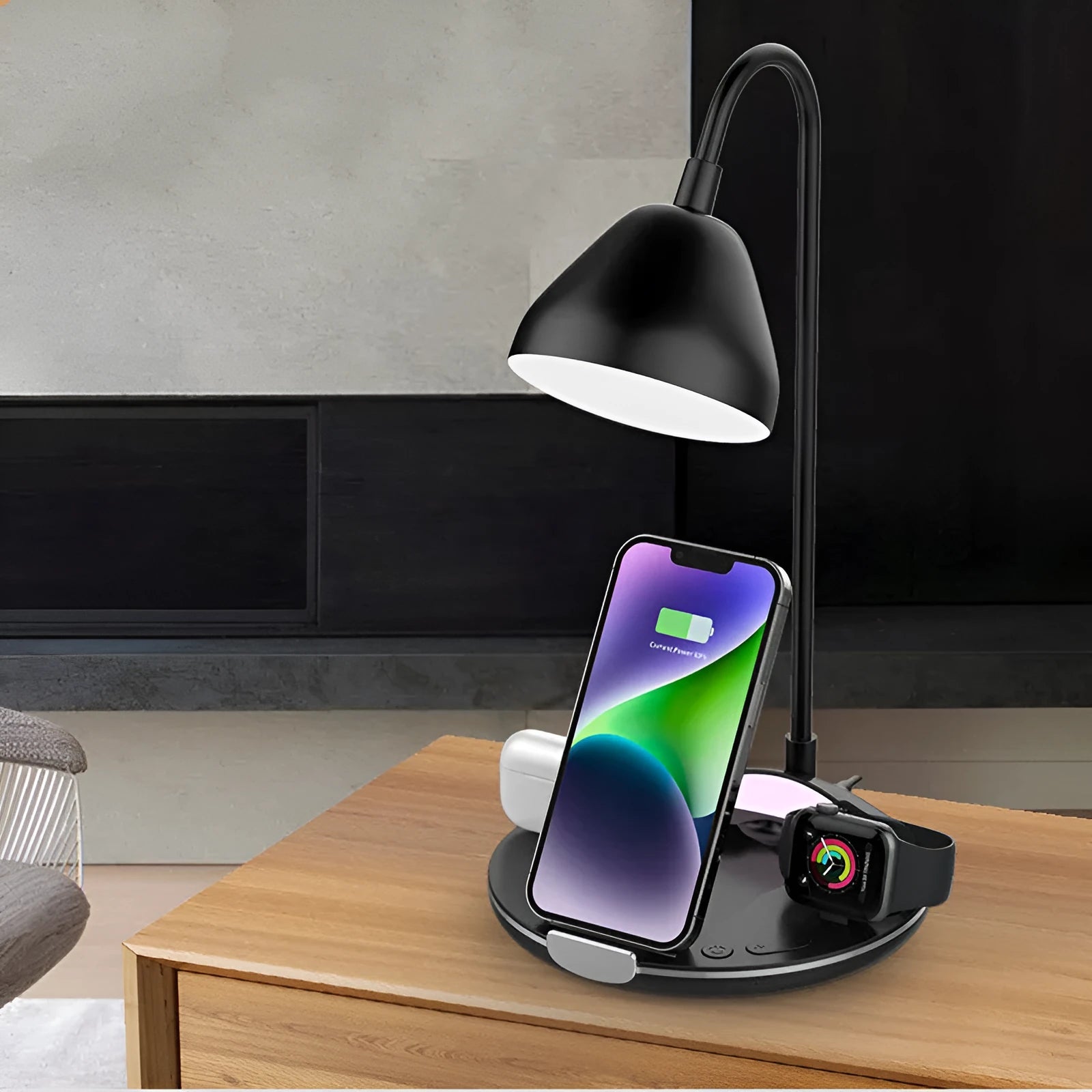 Black magnetic folding wireless charger unfolded in stand position charging iPhone