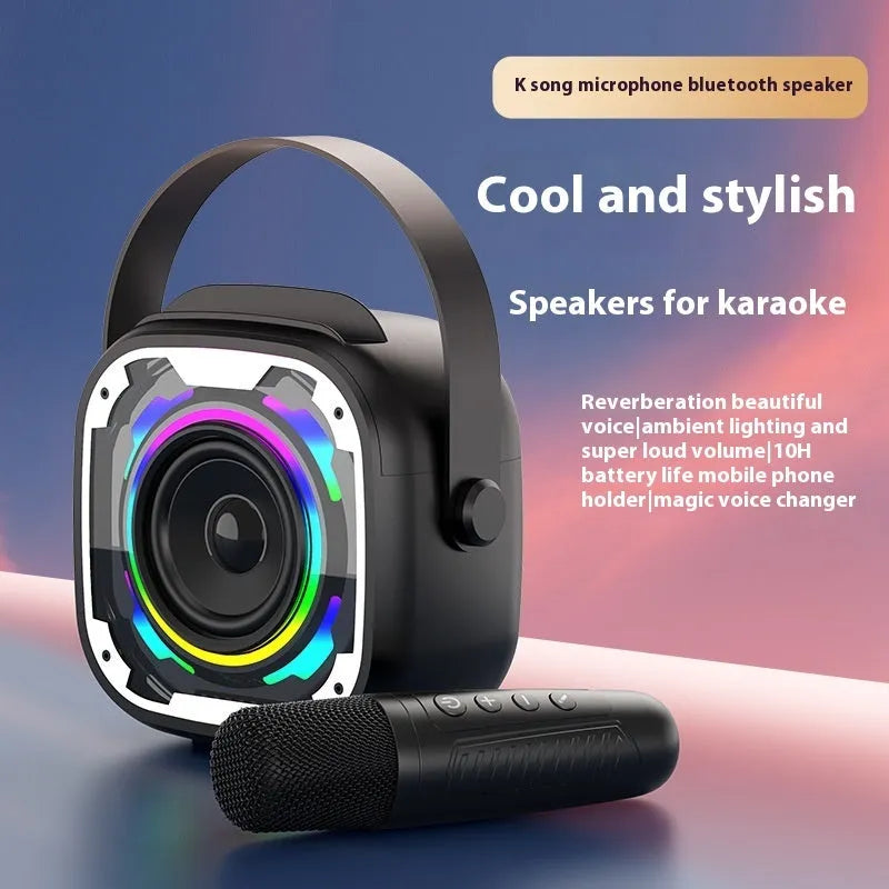 Portable wireless Bluetooth karaoke speaker in V11 yellow colour with integrated microphone