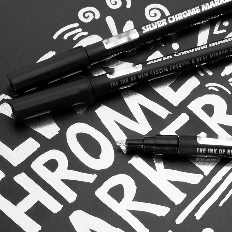 Black waterproof mirror marker pen with plastic body for writing on glass and windows.