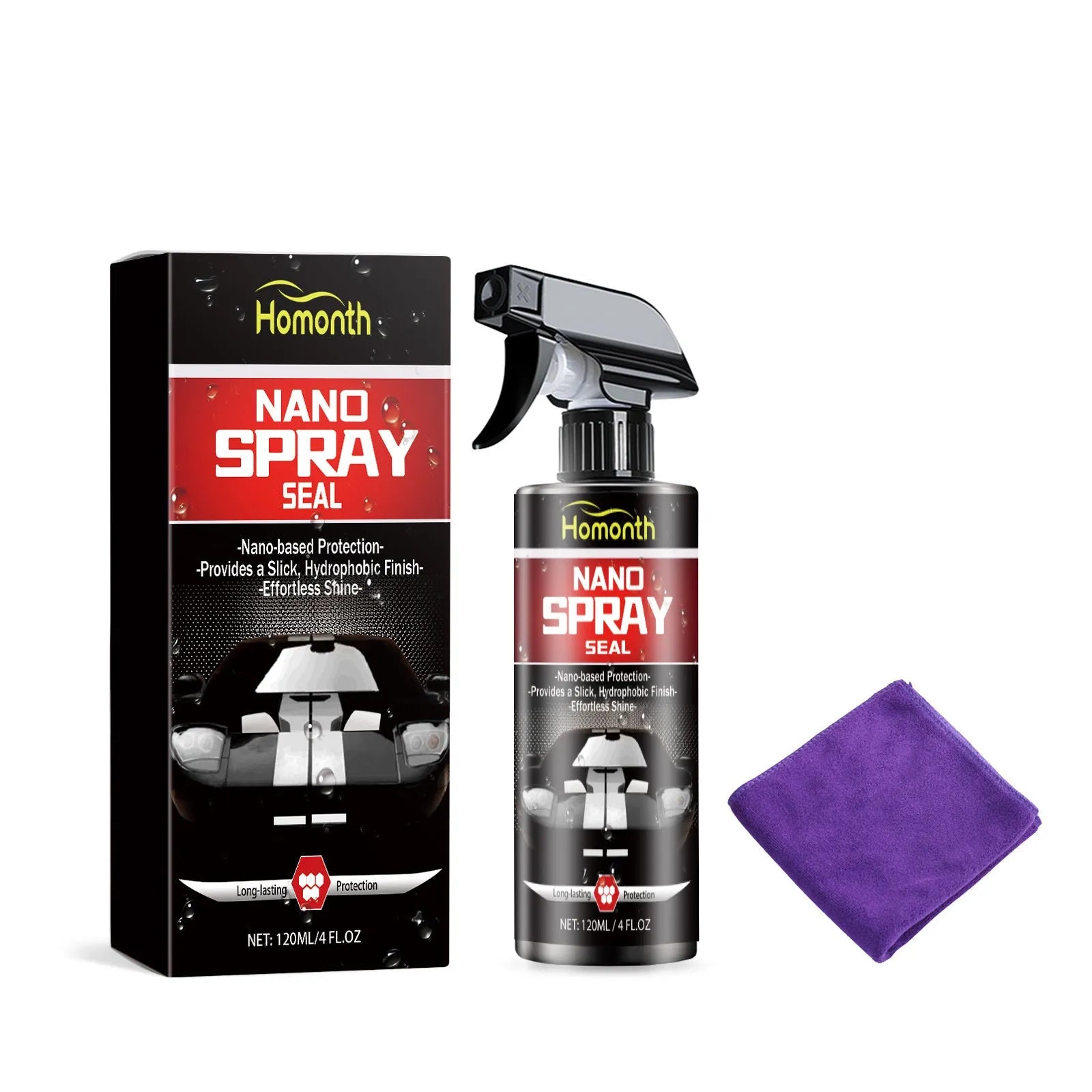 Automotive nano coating bright brilliant polish 120ml bottle with a folded towel on a car bonnet