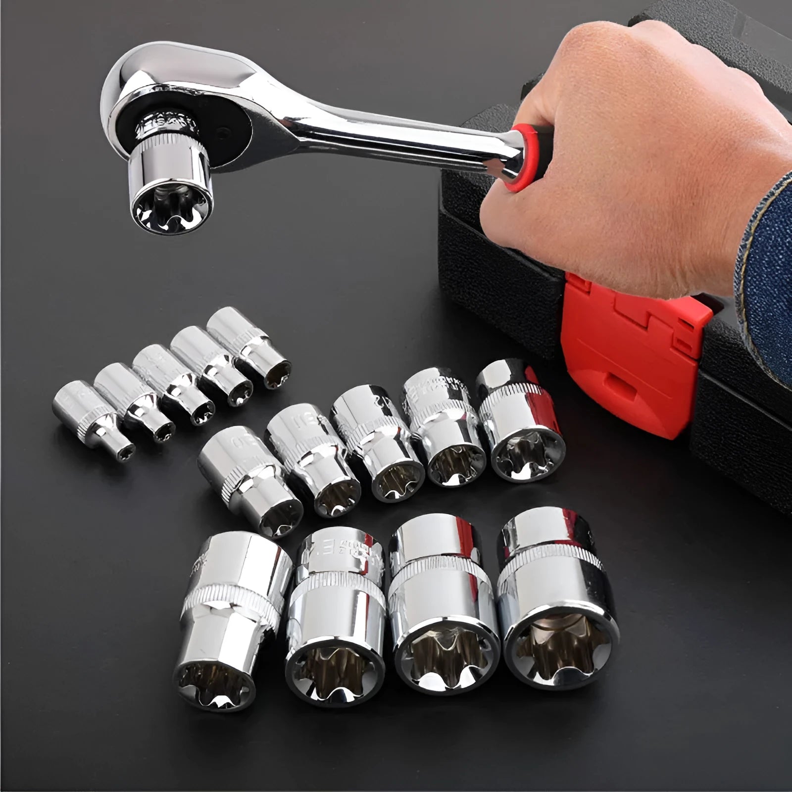 14-piece red E-type socket combination auto repair tool set in storage box