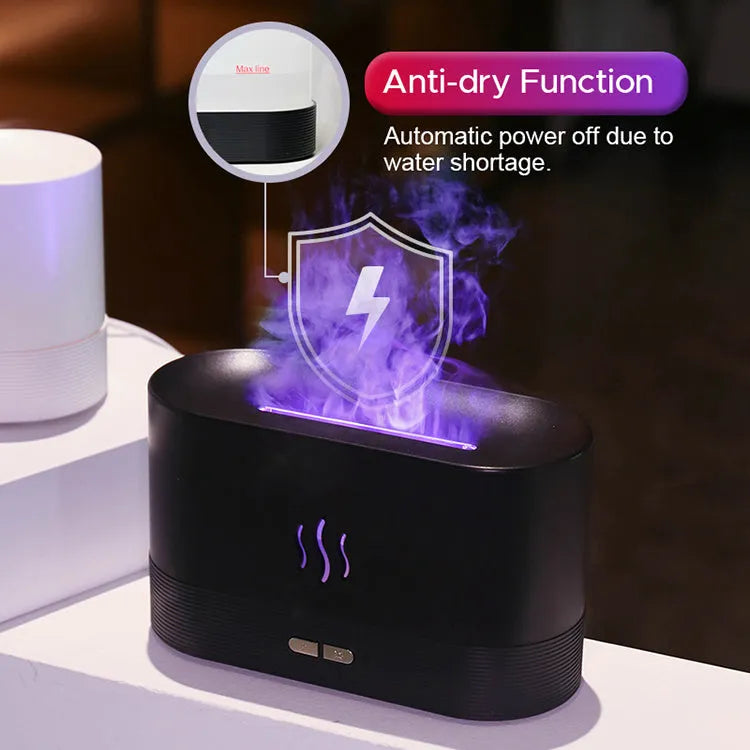 USB ultrasonic flame humidifier with RGB colour changing night light, 180ml tank, black and white options