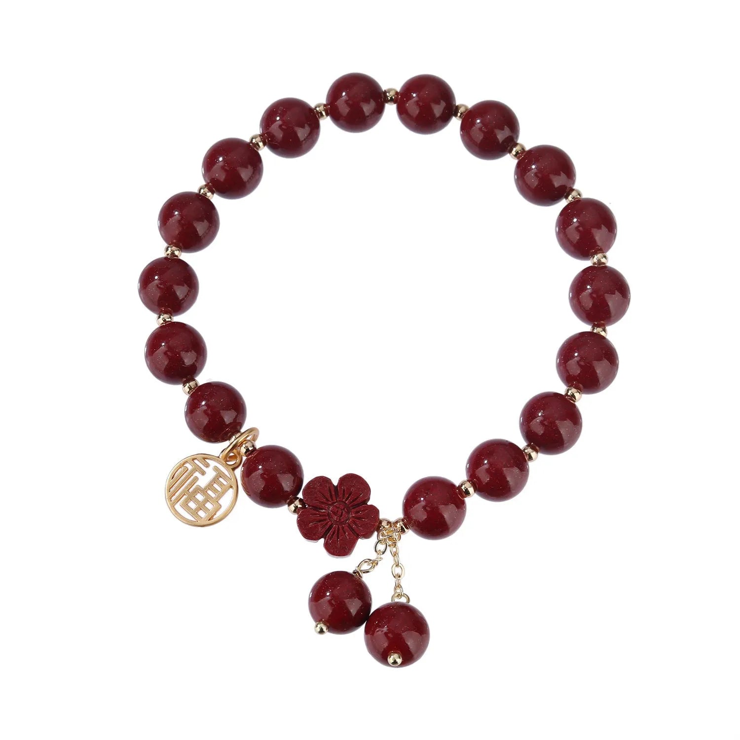Women's purple gold sand fu character bracelet with peach blossom tassel detailing and handcrafted cinnabar construction