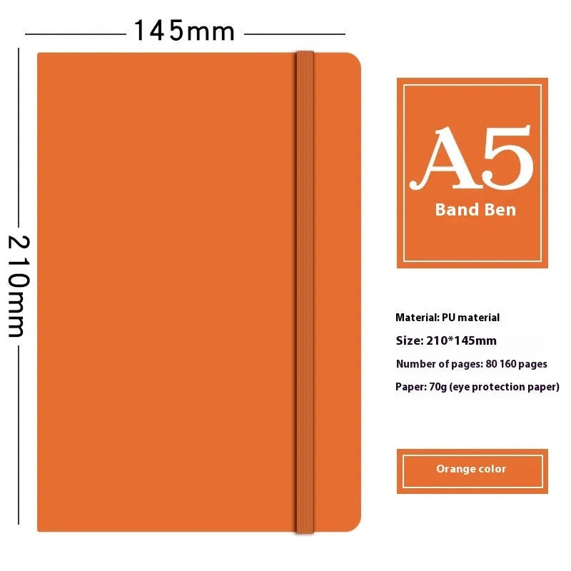 A5 faux leather notebook open with pen insert and strap, 200 pages, blue and black options