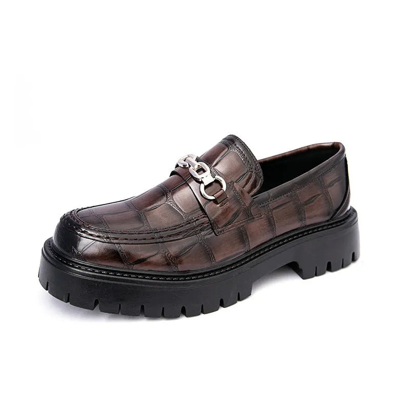 Men's black crocodile pattern leather loafers with flat heel platform sole British style autumn shoes
