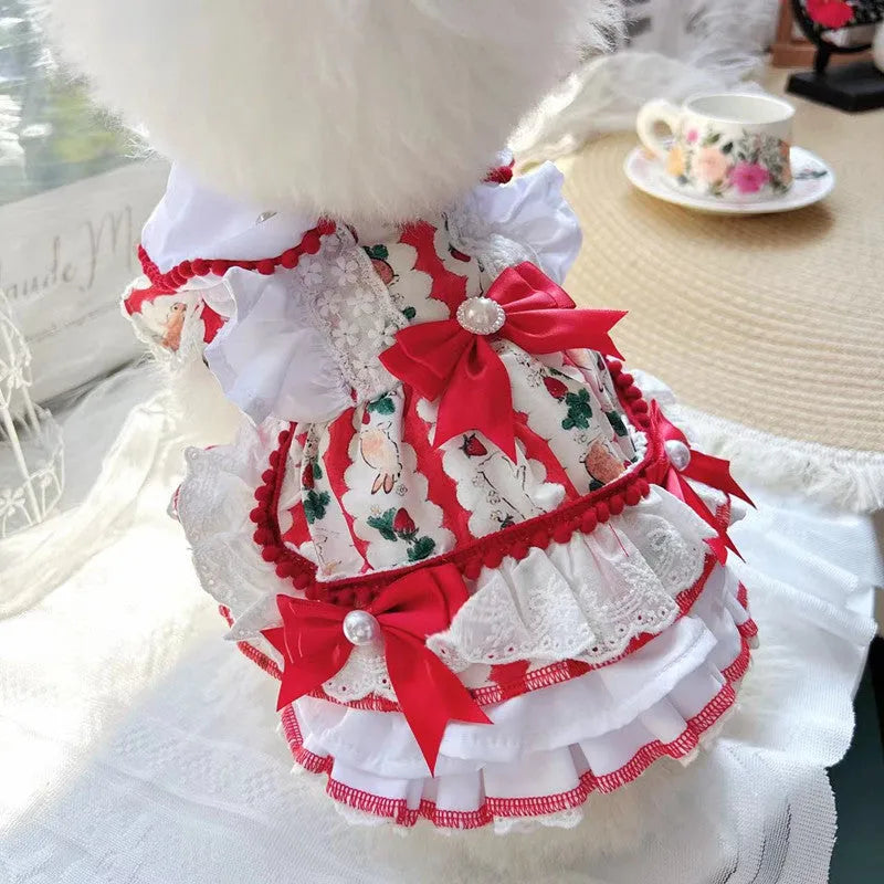 Small white dog wearing a light-coloured princess dress with a fluffy rabbit skirt attached.