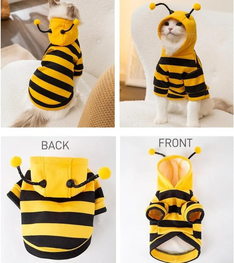 Yellow and black bee antenna hoodie for dogs and cats with flexible hat antennae and soft flannel lining