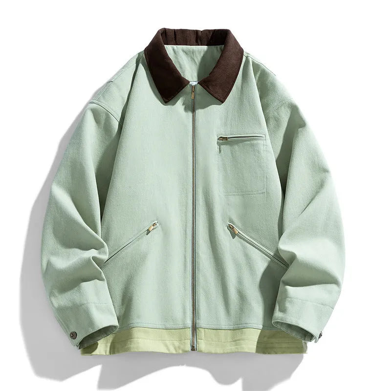 Mint green American retro-style loose men's jacket with dark contrast lapels and side seam pockets.