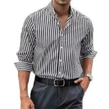 Men's striped casual button shirt with cardigan-style collar and long sleeves in loose fit