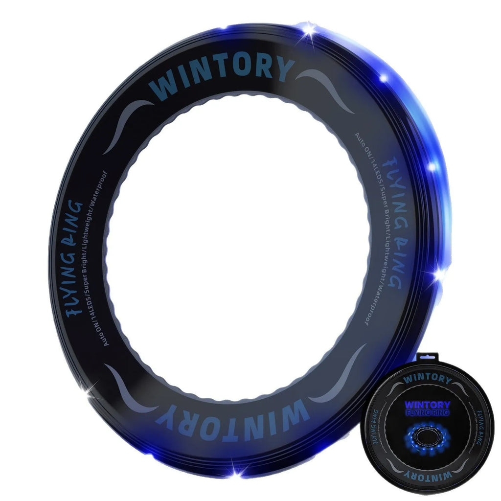 Blue LED ring flying disc toy with hollow centre, ABS plastic body, and battery-powered flash function for hand throwing.