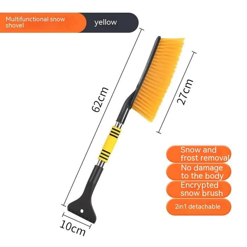 Yellow and blue telescopic car snow brushes with long handles for winter vehicle defrosting