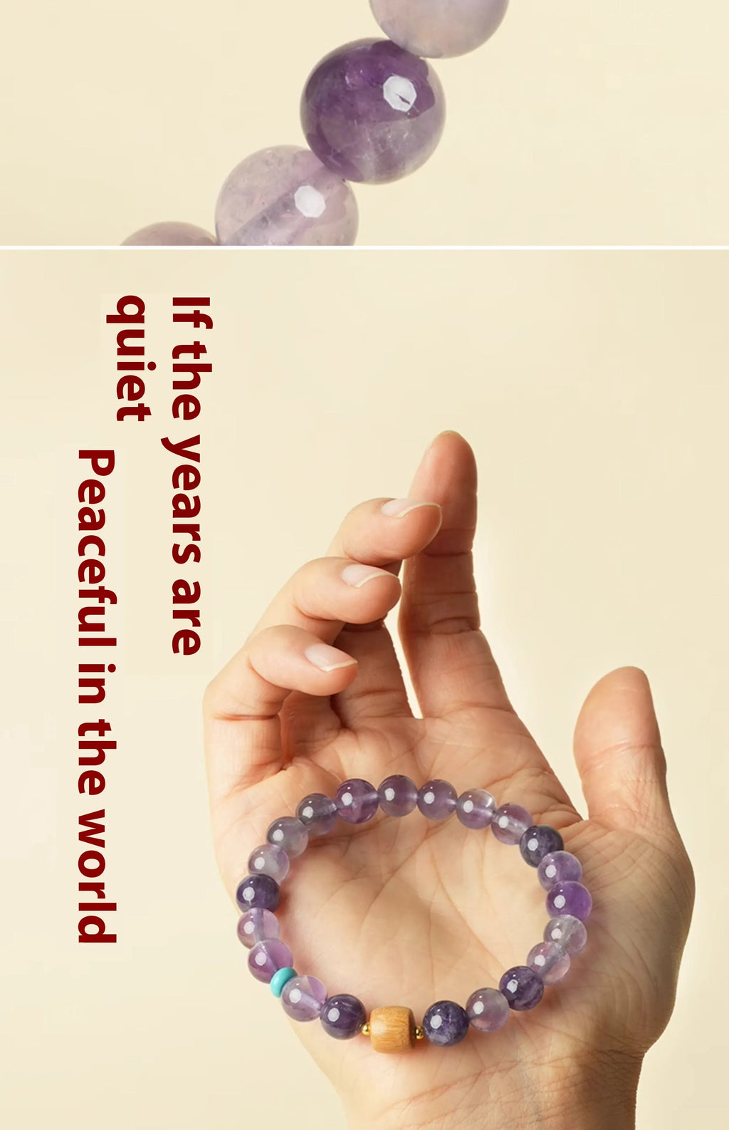 Handmade purple amethyst crystal bracelet for women on a wrist.