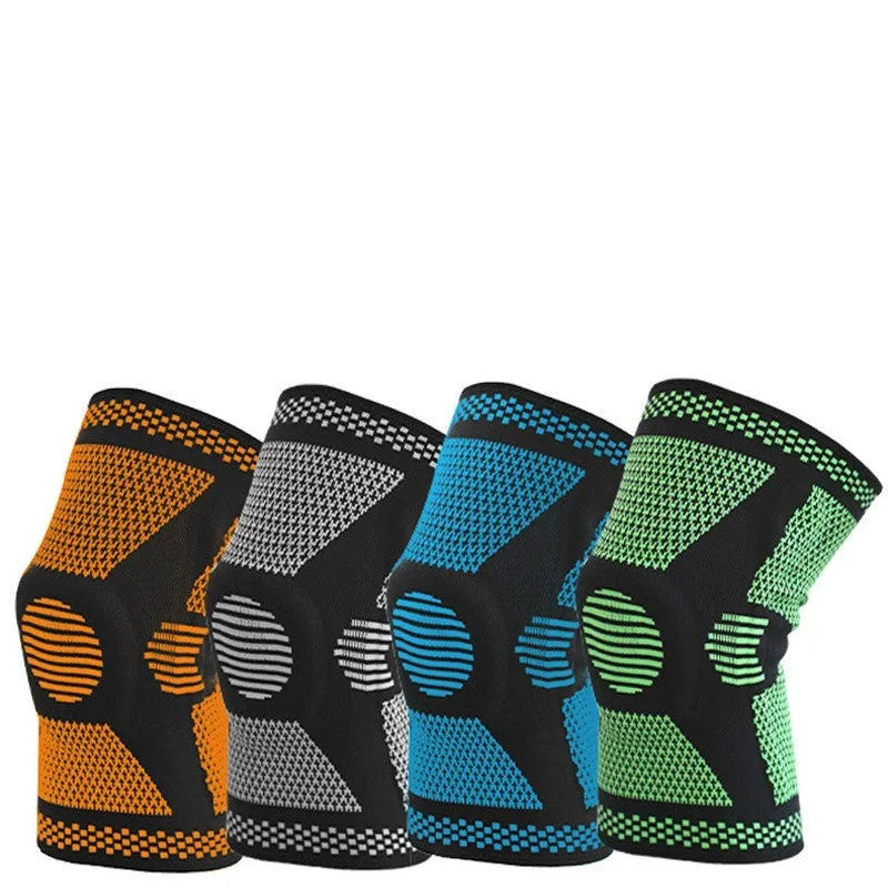 Polyamide sports knee pads with silicone spring support in green, blue, white, and orange colours