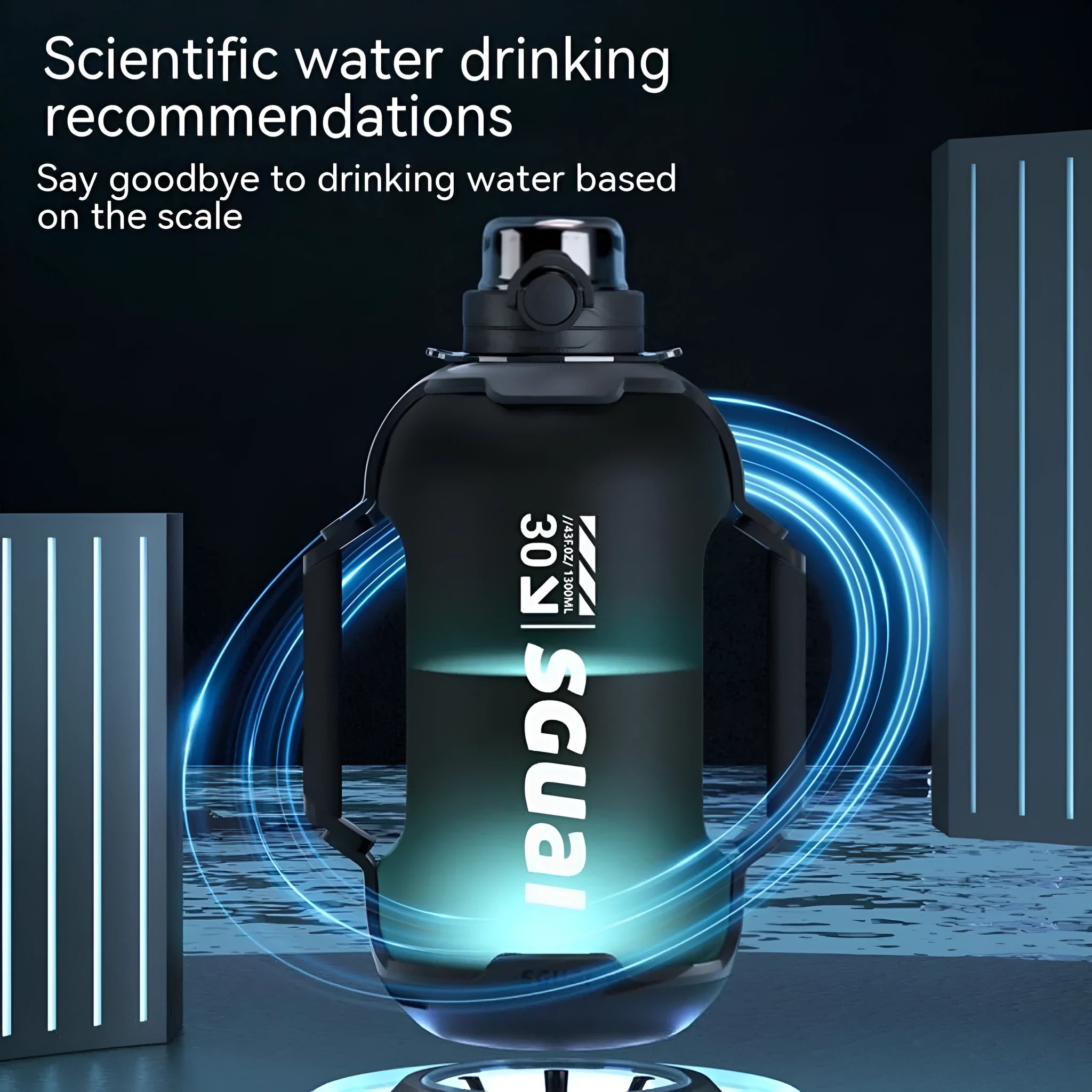 Smart Sports Bottle T30 matte black with wireless charging coaster, 1300ml capacity, IPX6 waterproof, compact gym bottle