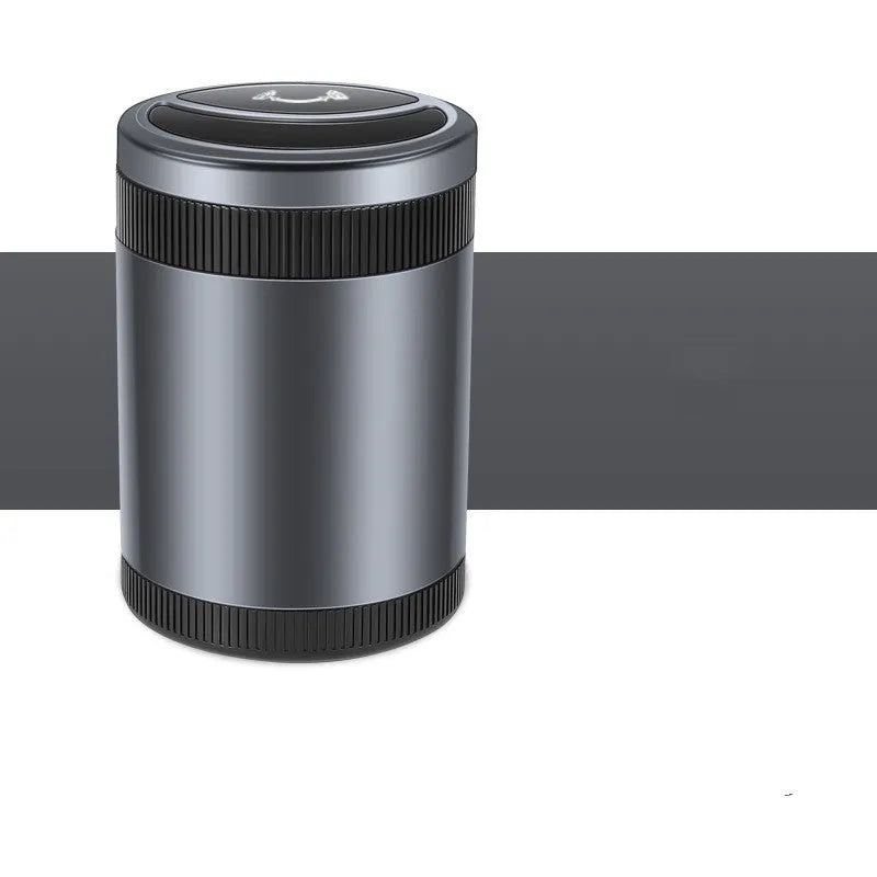 Automatic sensing vehicle ashtray with USB port in grey, black, red, or blue.
