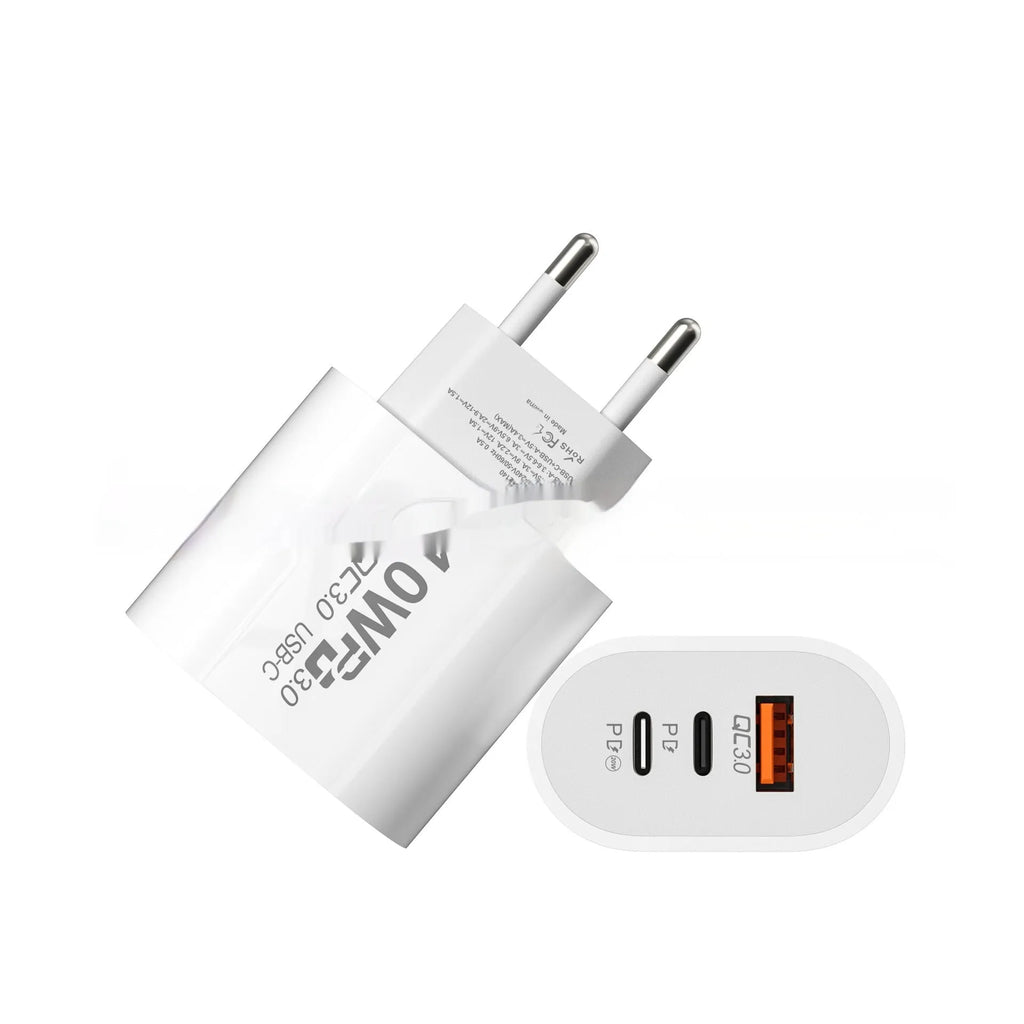 40W multi-port charger for Android mobile phone with EU and US plug options in black, white, and yellow