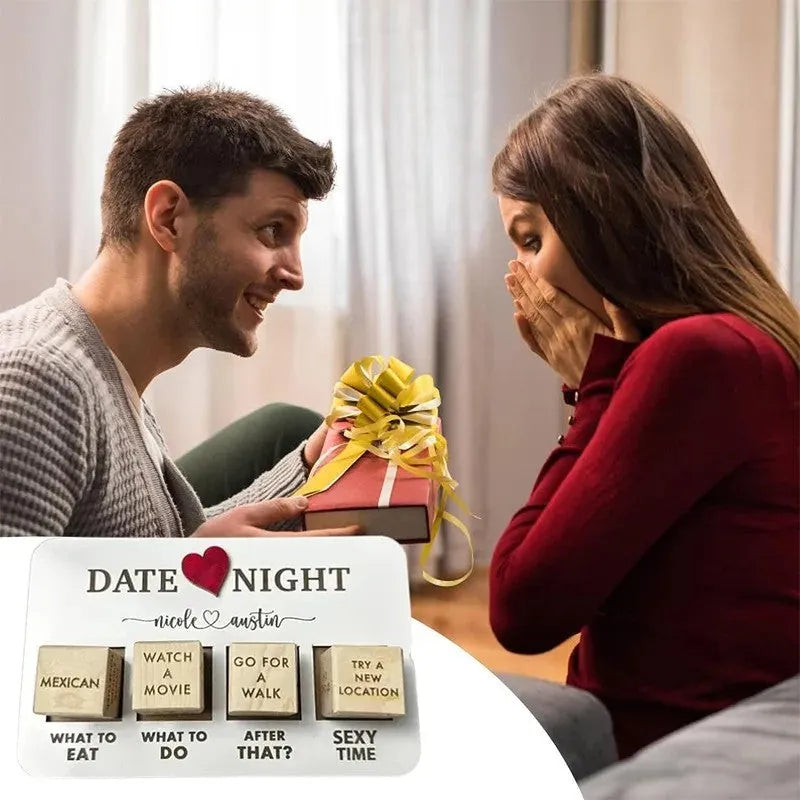 Wooden date night dice game set with five natural wood dice and planner board for couples