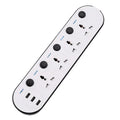 Multi-switch power strip with USB ports showing UK, US, and EU plug options and a coiled cable.