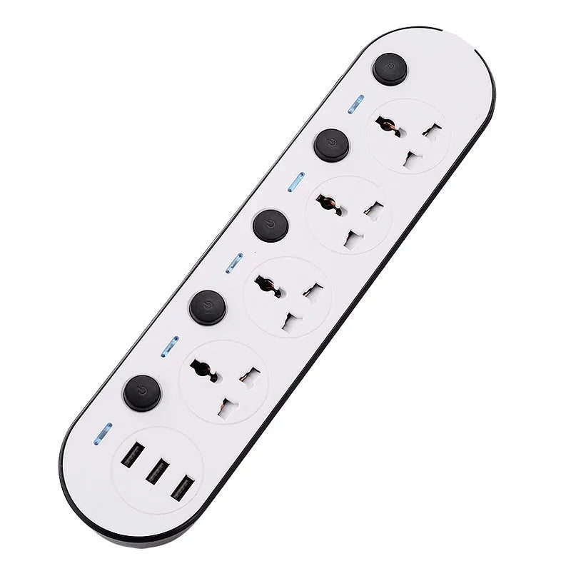 Multi-switch power strip with USB ports showing UK, US, and EU plug options and a coiled cable.