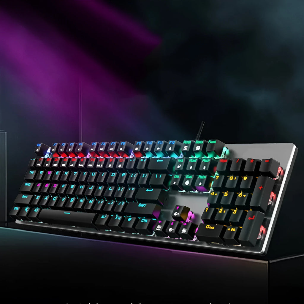 AOC GK410 wired mechanical keyboard with green switches and backlit keys on a desktop.