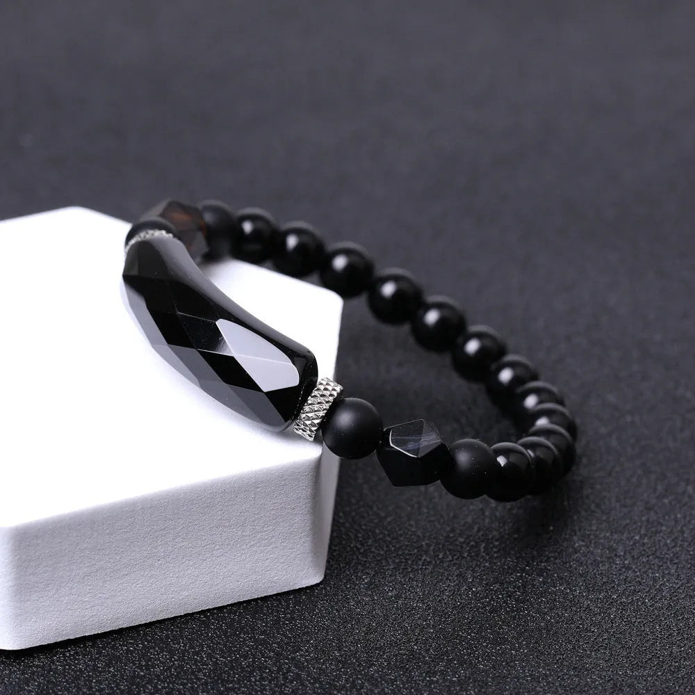 Handmade diamond-shaped cut agate bracelet with geometric design and fan-shaped elements