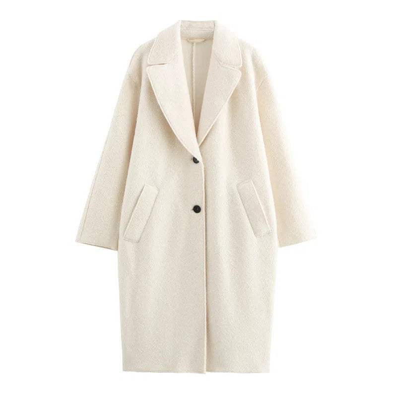 Women's long cashmere-blend wool coat with lapel collar and loose fit