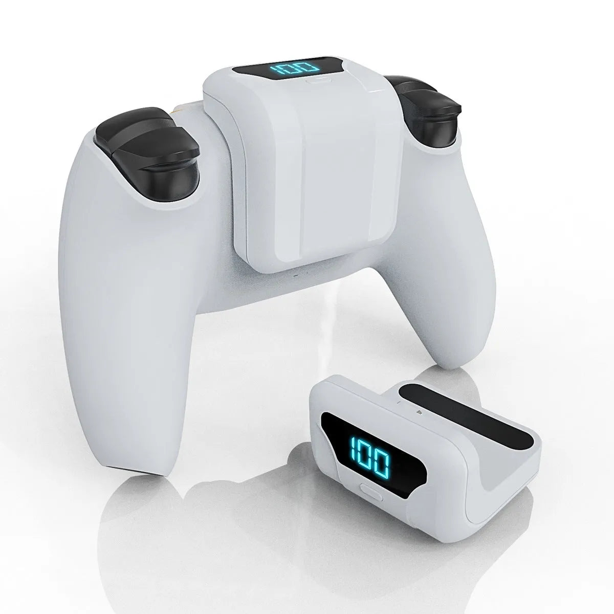 White 1500mAh PS5 controller battery with LED display and outer hanging bag, 8.0 x 4.8 x 2.6cm