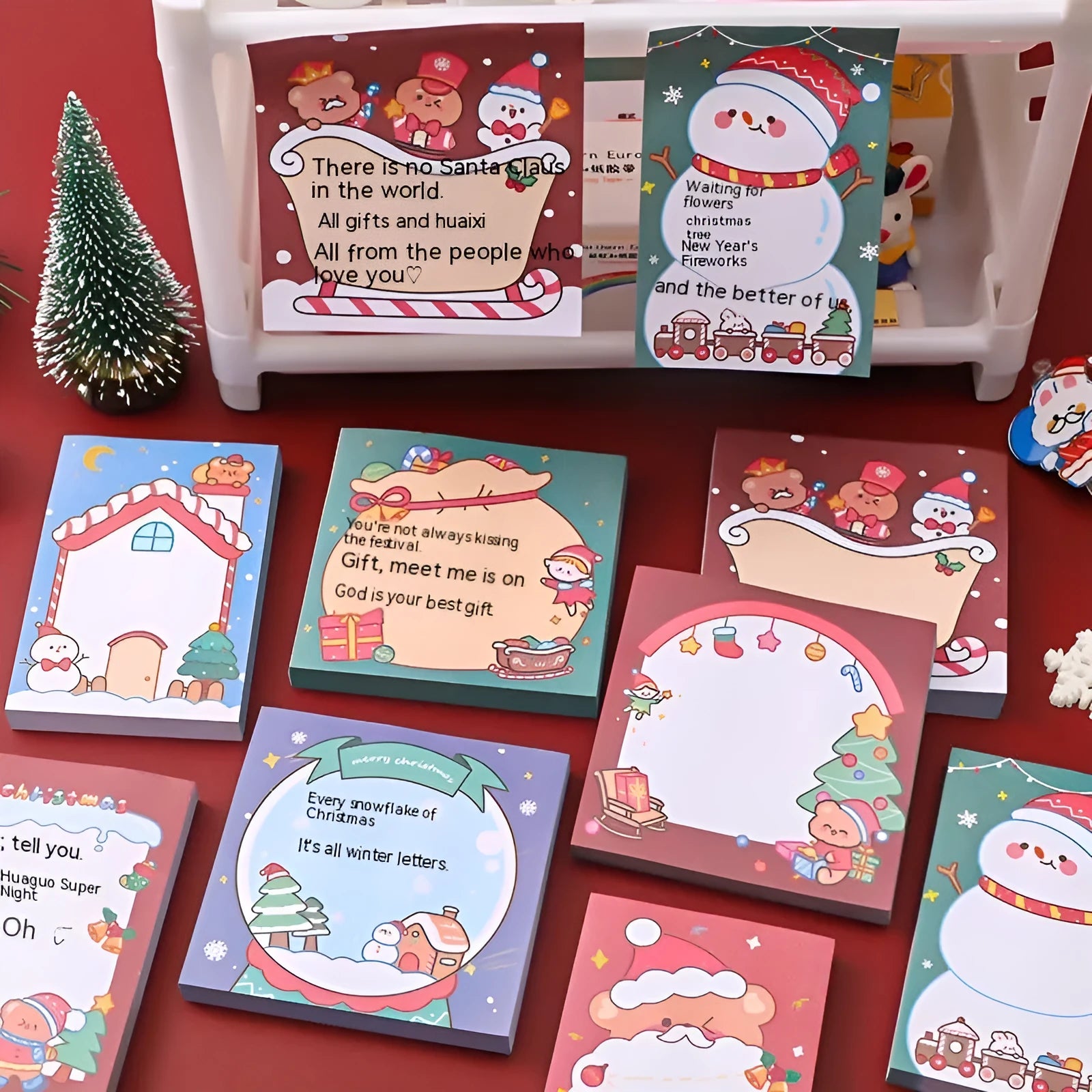 Christmas sticky notes set showing eight festive designs including Santa Claus, Snowman, Elf, and Christmas Bear patterns