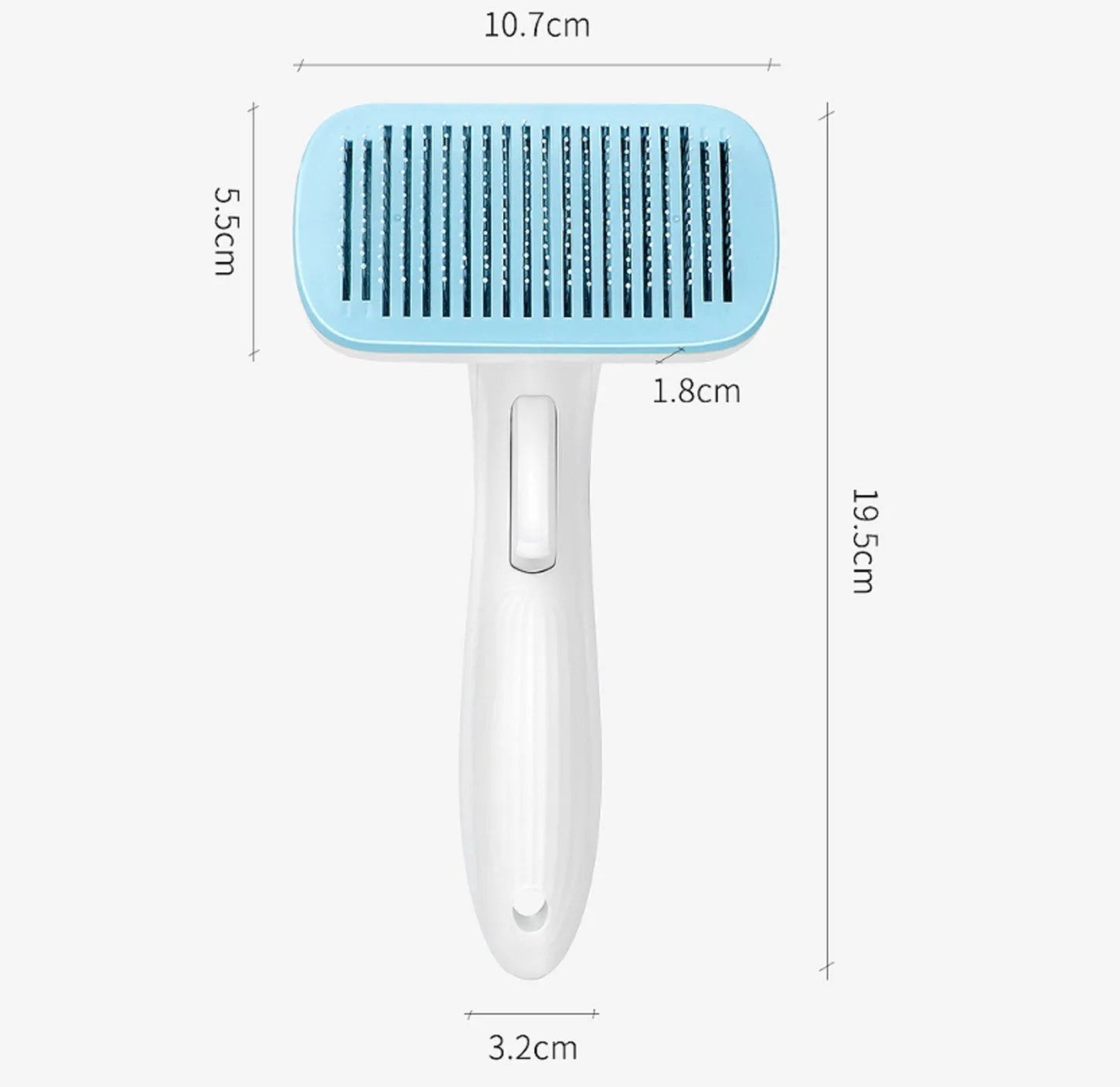 Automatic pet hair removal comb for dogs and cats in blue, showing one-click needle comb mechanism.