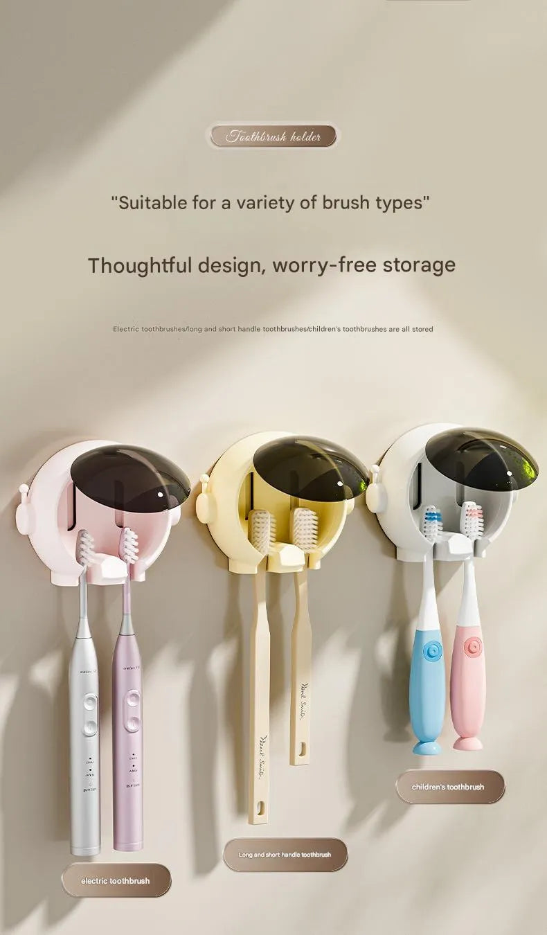 Cartoon wall-mounted no-drilling bathroom storage rack holding electric toothbrushes in pink white yellow