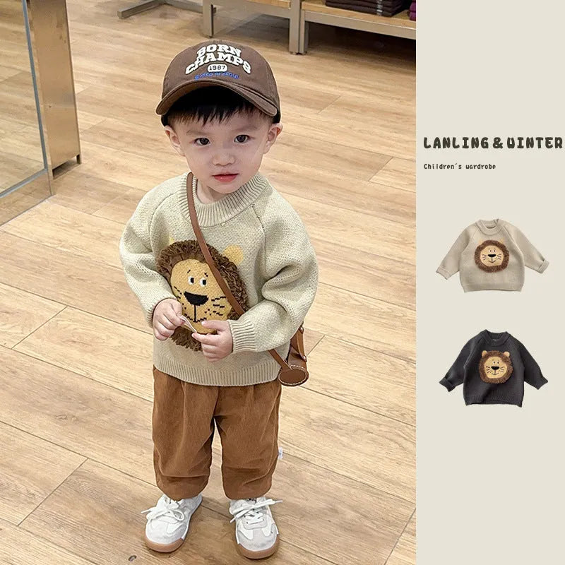 Boys' Korean style cartoon pullover sweater in khaki or gray, knitted acrylic, sizes 66-100cm