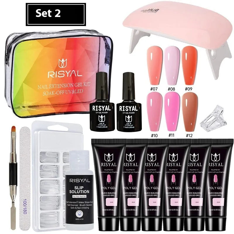 UV nail polish full set with crystal extension glue, mini baking lamp, base glue, sealing layer and six extension glues in a zipper bag