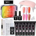 UV nail polish full set with crystal extension glue, mini baking lamp, base glue, sealing layer and six extension glues in a zipper bag