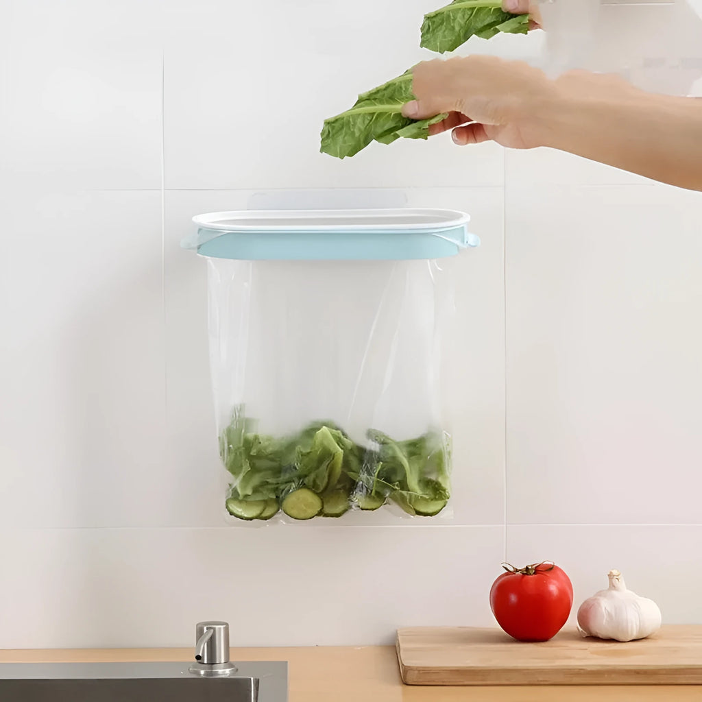 Blue plastic kitchen garbage bag storage rack for organising bin liners inside a cabinet.