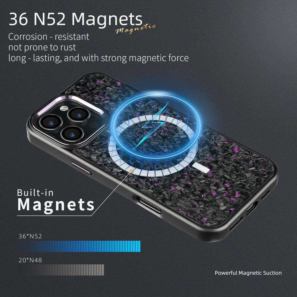Carbon fibre phone case with metal frame in black magnetic, all-inclusive shockproof shell for iPhone 13 Pro to 16 Pro Max