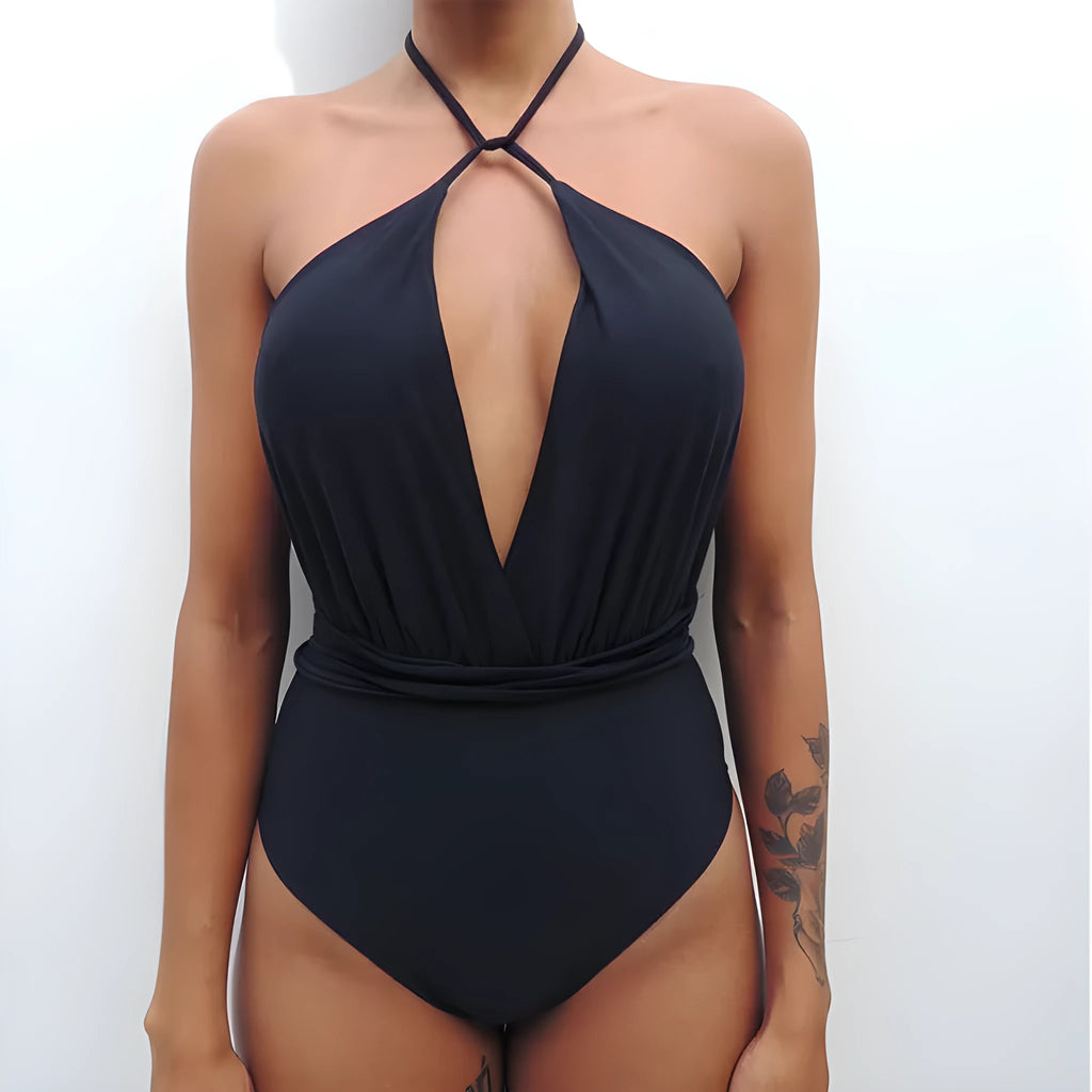 Women's polypropylene swimwear in bikini, monokini, and one-piece styles, sizes S M L XL, Black Red and code colours
