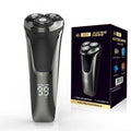 Floating 4D three cutter head rechargeable electric shaver with digital display in gun colour on white background
