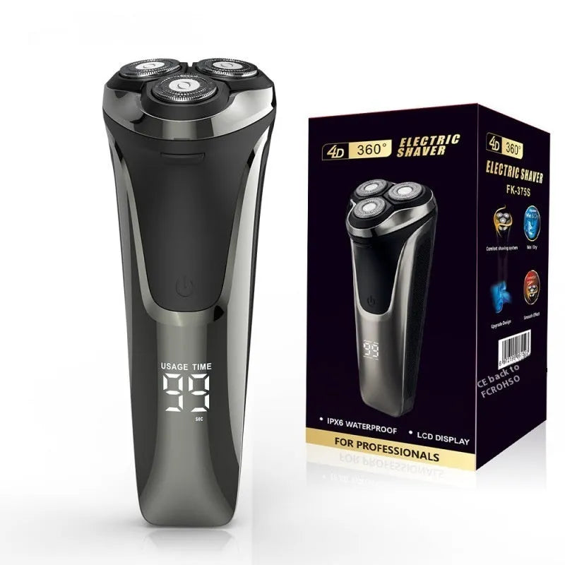 Floating 4D three cutter head rechargeable electric shaver with digital display in gun colour on white background